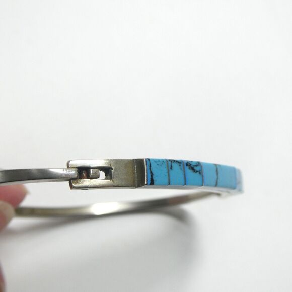 Sterling Silver & Turquoise Inlaid Hinged Bangle Bracelet Vintage - Picture 8 of 15